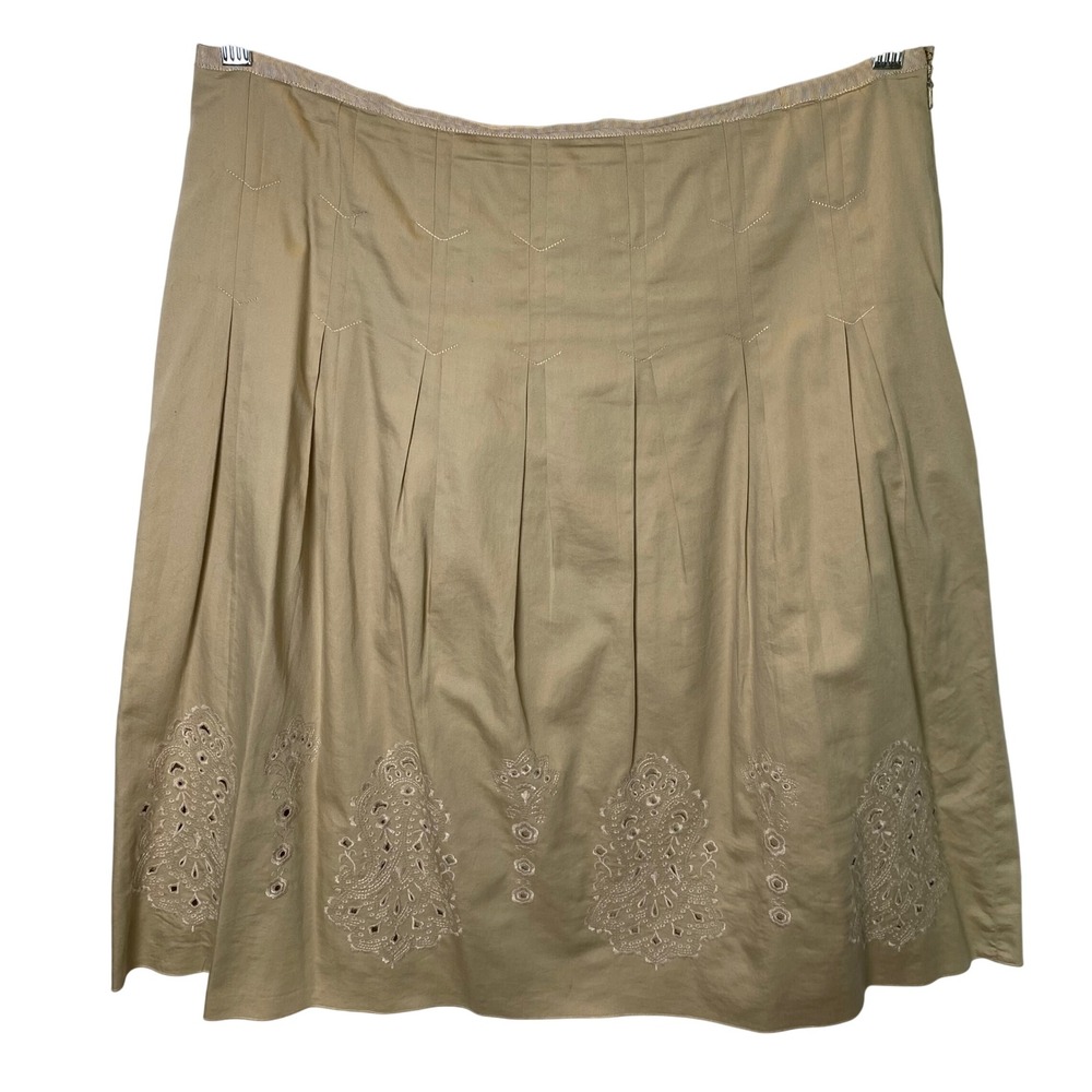 Jones New York Signature Skirt Women 12 Tan Cotton Eyelet Pleated Preppy Coastal